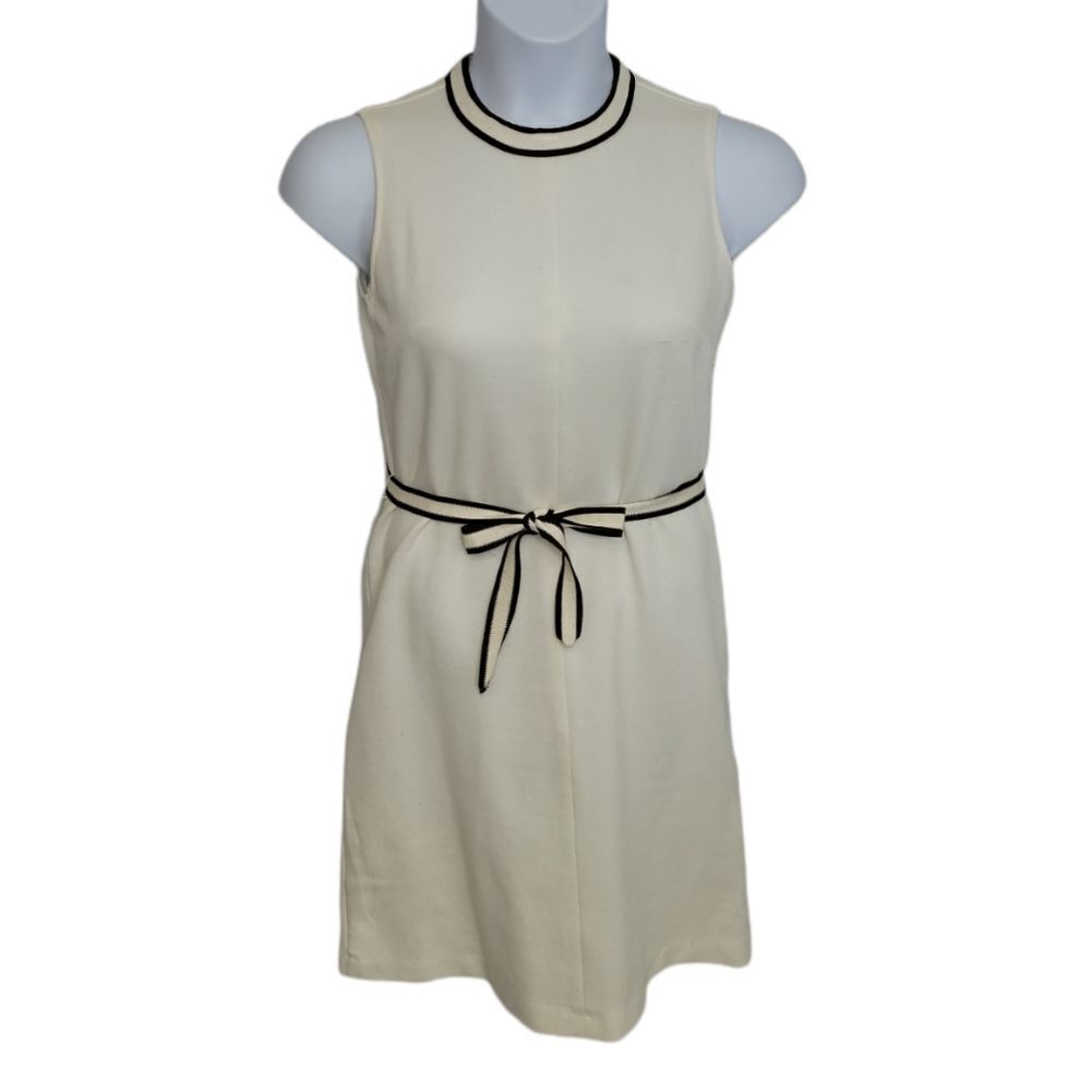 VINTAGE 60s cream sleeveless knit shift dress with tie belt M